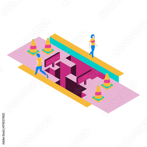 48Underconstruction. Isometric illustration of people navigating an under construction maze isolated on white background.