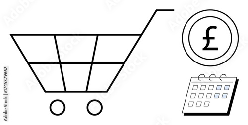 Shopping cart, pound sign for cost and finance, and calendar for scheduling. Ideal for retail, e-commerce, budgeting, time management, sales planning, consumer trends simple flat metaphor