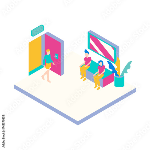70Waiting. Isometric scene of people waiting in a reception area isolated on white background.