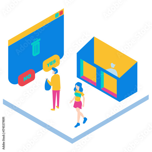 73Deleteconfirmation. Isometric illustration of people interacting with a digital trash bin and waste disposal concept isolated on white background.