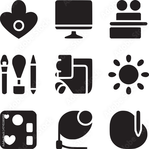 A collection of diverse icons including a heart shaped object and a computer screen and other symbols