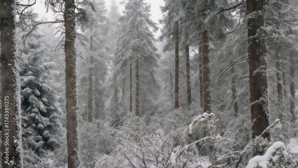 Naklejka premium A snowy forest scene with tall evergreen trees and a misty atmosphere, winter landscape