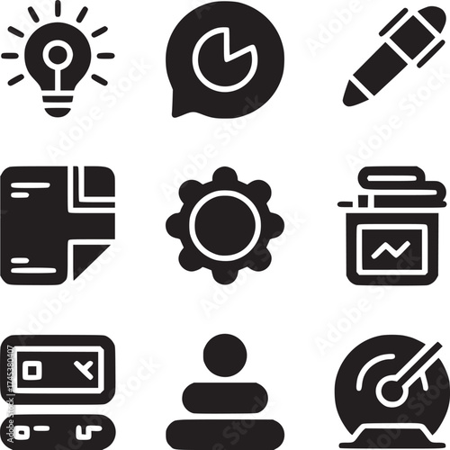 Collection of nine black and white icons representing business and educational concepts in a grid layout