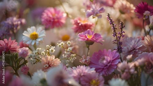 Soft focus floral background with pink and white flowers in sunlight
