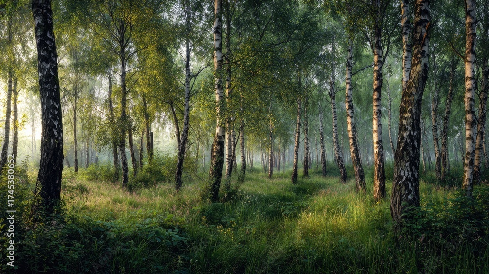 Obraz premium River birch forest at Dawn