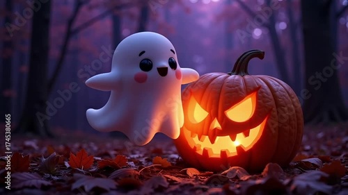 Cute friendly ghost and glowing jack-o-lantern in a magical autumn forest at dusk