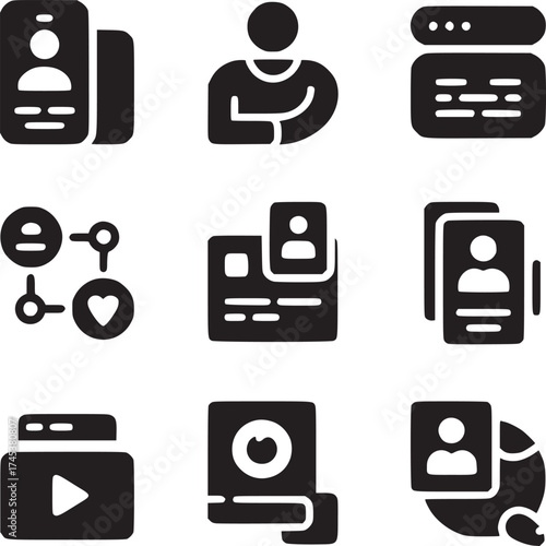 A collection of nine black and white icons representing various concepts and digital interfaces