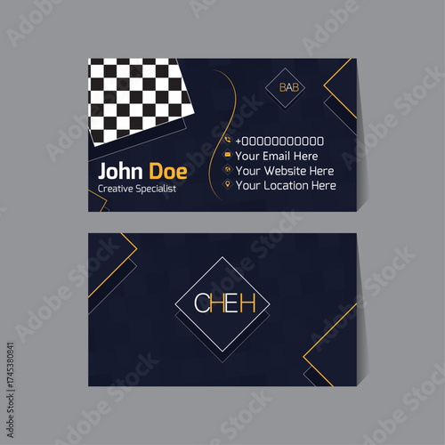 Elegant photography business card template with photo placeholder and minimal contact layout. Designed for photographers, studios, and creatives. CMYK print-ready file.
