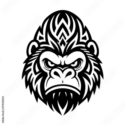 The image is a bold, black and white tribal-style vector logo of an angry gorilla's face, featuring intricate symmetrical patterns across its forehead and fur.