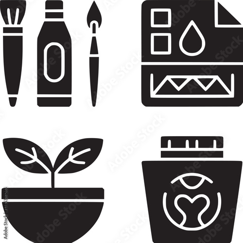 Illustration of art supplies including brushes, paint, paper, plant, and ink in black and white