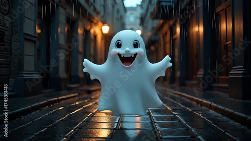 Joyful cartoon ghost character with big smile on a cobblestone street at night