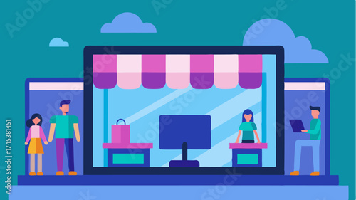A digital storefront with a vibrant window display showcasing various products while shoppers browse from their computers and tablets.