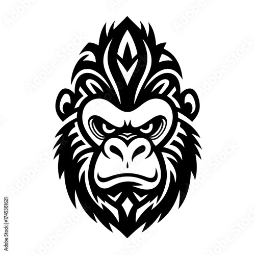 The image is a bold, black and white tribal-style vector logo of an angry gorilla's face, featuring intricate symmetrical patterns across its forehead and fur.