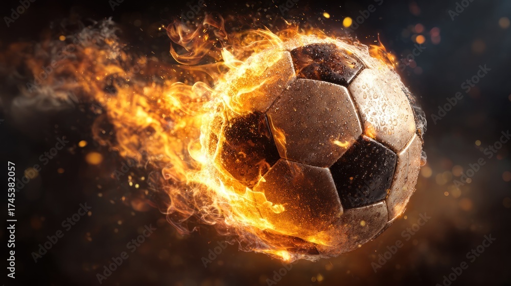 Naklejka premium Fiery soccer ball dynamic digital art illustrating energy and sport