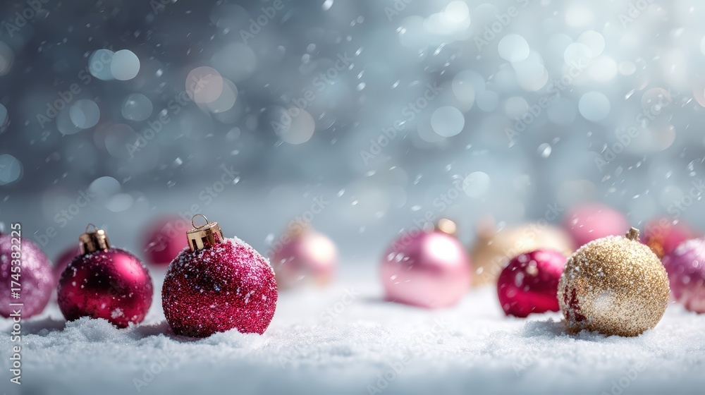 Fototapeta premium A bunch of Christmas ornaments are on the snow