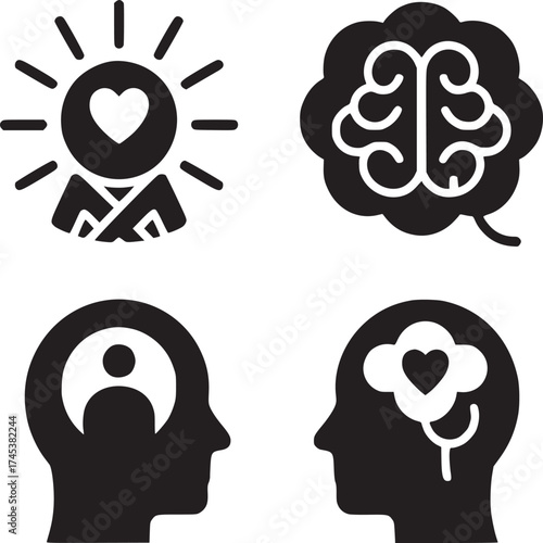 Four black and white icons depicting love, brain, self awareness, and emotional intelligence