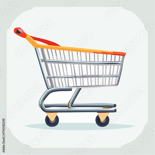 A detailed illustration of a typical metal shopping cart with an orange handle and red grips, seen from the side.