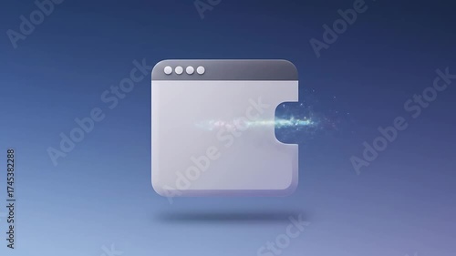 Abstract digital representation of a browser window dispersing colorful particles against a gradient backdrop