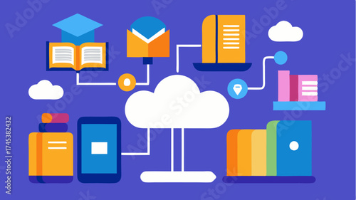 A creative representation of online resources such as ebooks and multimedia content accessible through cloud storage and digital libraries.