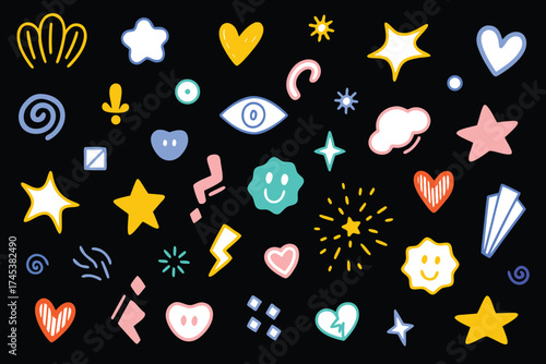 Doodle Collection of Cute Hand Drawn Elements Symbols Stars Hearts and Fun Shapes on Black Background