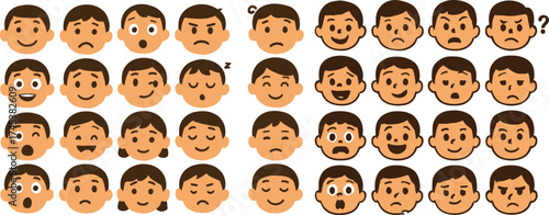 Collection of 20 unique cartoon expressions, each face showing different emotions like happy, sad, surprised, angry, confused, excited, worried, mischievous, sleepy, curious, scared, laughing, blushin