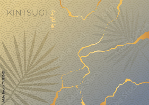Gold Kintsugi cracks on Asian wave pattern background decorated with plant silhouettes. Luxury elegant background. Vector illustration