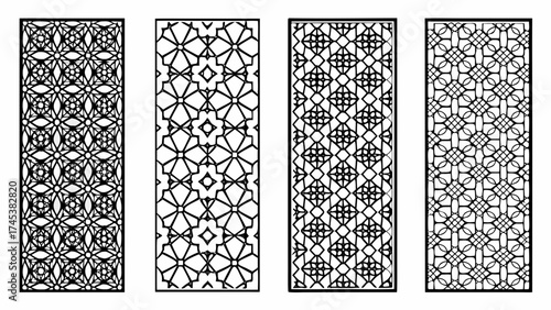 Set of ornate Arabic Islamic windows with mashrabiya pattern, Ramadan Kareem vector design for CNC, stencil, or wall