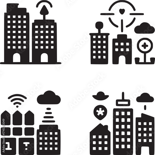 Four sets of black and white icons depicting buildings, clouds, and other symbols on a white background