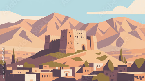 Illustration Of Bala Hissar Fort On A Hill With An Old City Atmosphere Vector Design Template