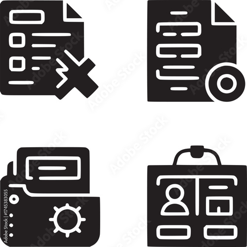 Four black and white icons representing document management, settings, and identification card design
