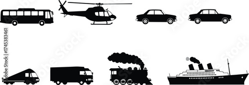 Various modes of transportation silhouette icons, car, bus, truck, train, helicopter, ship, vehicle collection, travel design, transport illustration, black vector set