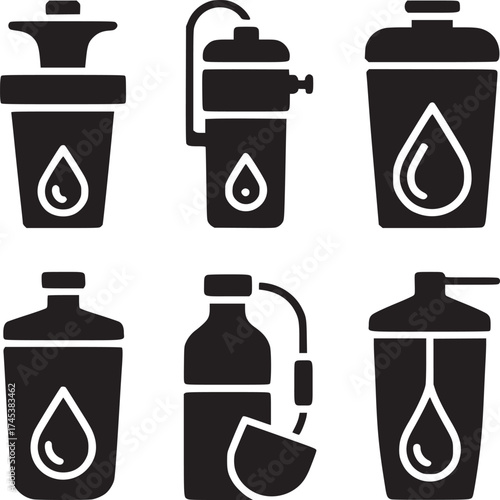 Six black silhouette icons of water filter pitchers and bottles on a white background in a vector style
