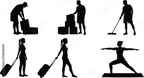 Silhouettes of people traveling with luggage, cleaning house, stacking boxes, yoga exercise, fitness training, daily activities, lifestyle, work, balance illustration