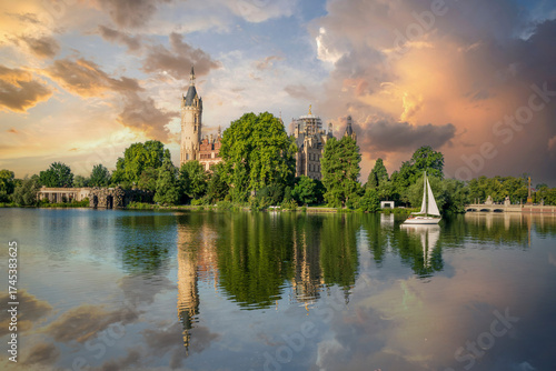 The Schwerin Castle and marina view in Schwerin Town of Germany