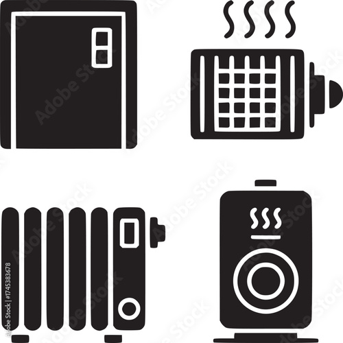 Four distinct black and white icons depicting various types of heaters and a thermostat device