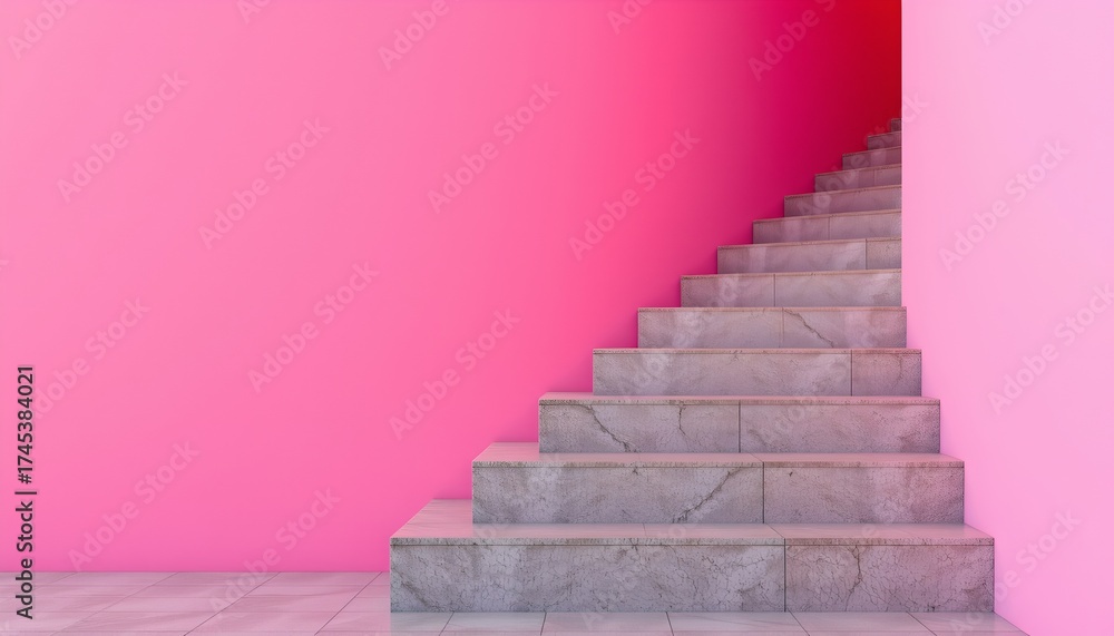 Obraz premium A modern staircase with large, white steps in an indoor setting, positioned against a vibrant pink wall that contrasts with the gray stone floor.
