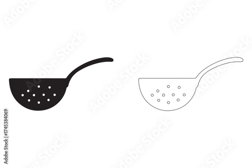 Two Colander Illustrations in Black Silhouette and Outline for Cooking and Kitchen Concepts Minimalist Design Template for Culinary Art