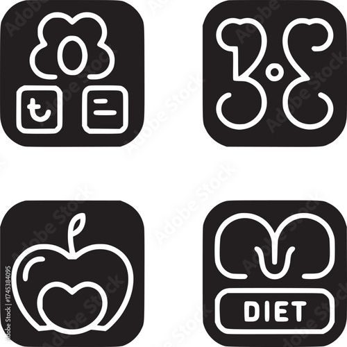 Four black and white icons representing nutrition, diet, and healthy eating habits in a grid layout