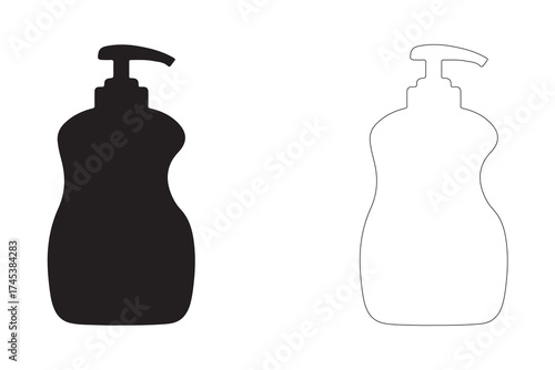 Two pump bottle dispenser icons in black silhouette and outline representing hygiene and personal care products isolated on white background