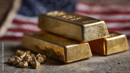 Wallpaper Mural Gold bars stacked with nuggets against american flag background Torontodigital.ca