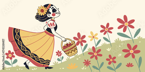 A young lady dressed in vibrant traditional attire with festive makeup,celebration Day of the Dead 2 november a field of blooming flowers.