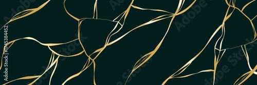 Kintsugi gold crack pattern broken on dark green background. Kintsugi crack gold abstract line
