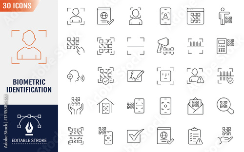 Biometric Identification line Editable Icons set. Containing icons. biometric, barcode, passport, and more. Vector illustration