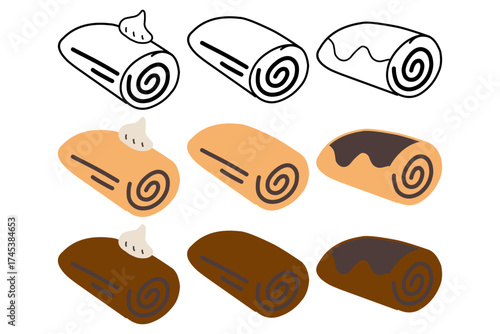 Collection Set of Swiss Roll Cake Illustrations – Outline and Colored Versions