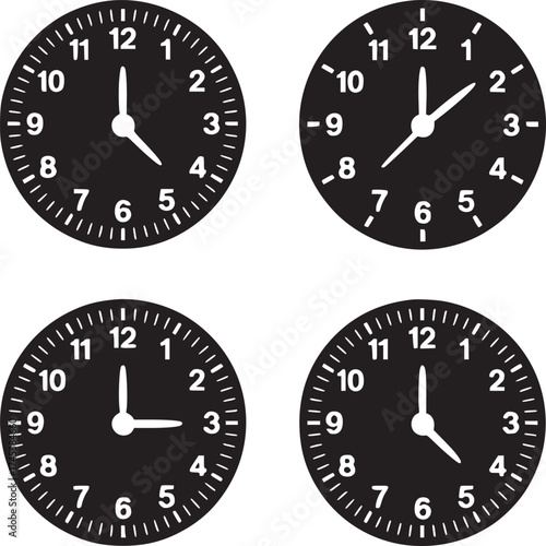 Four black and white clock faces showing different times on a white background in a square format