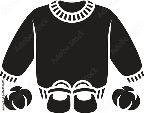 Black silhouette of a baby sweater and booties on a white background