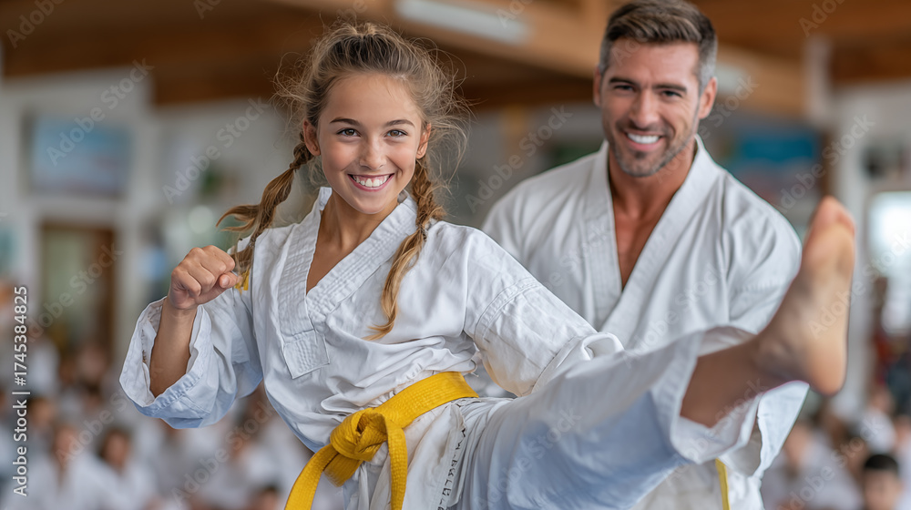 Fototapeta premium Portrait of a young couple practicing karate in a gym.