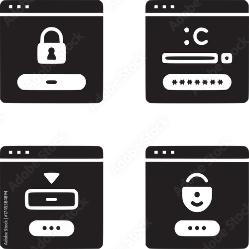 Four black and white icons depicting security and login processes in a simple graphic design style