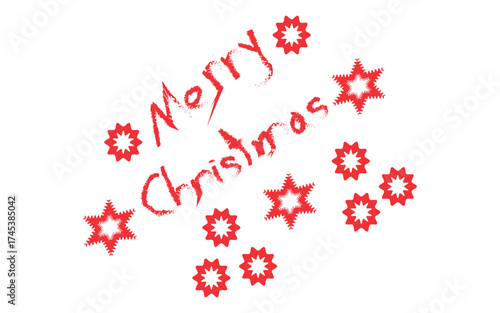 Festive merry christmas text with red starburst snowflakes scattered around isolated on white background