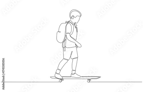 Continuous one line drawing of young boy skateboarding with backpack, back to school concept, single line art